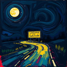 An abstract art depiction of a road at night, illuminated only by the moon