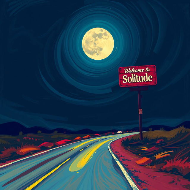 An abstract art depiction of a road at night, illuminated only by the moon