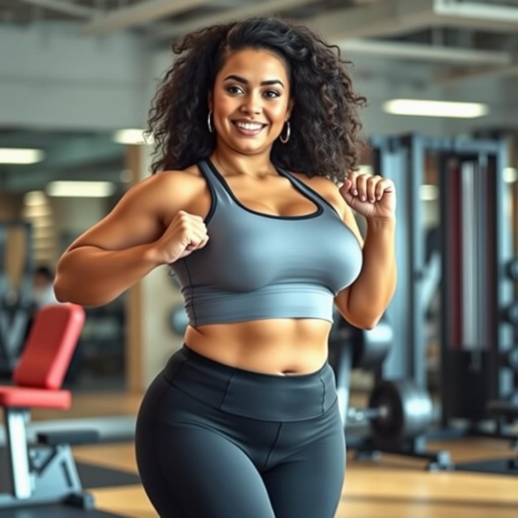 A curvy woman with a 36-24-36 hourglass figure wearing tight gym wear