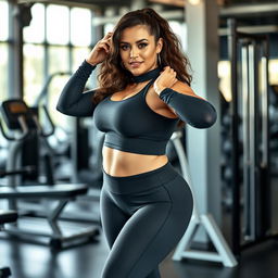 A curvy woman with a 36-24-36 hourglass figure wearing tight gym wear