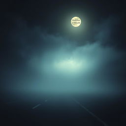 A road at night submerged in fog, illuminated solely by the moon's gentle glow