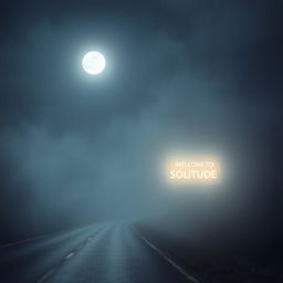 A road at night submerged in fog, illuminated solely by the moon's gentle glow