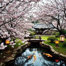 A serene Japanese garden in springtime, cherry blossom trees in full bloom with pink and white flowers