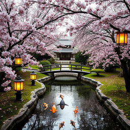 A serene Japanese garden in springtime, cherry blossom trees in full bloom with pink and white flowers