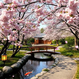 A serene Japanese garden in springtime, cherry blossom trees in full bloom with pink and white flowers