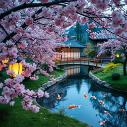 A serene Japanese garden in springtime, cherry blossom trees in full bloom with pink and white flowers