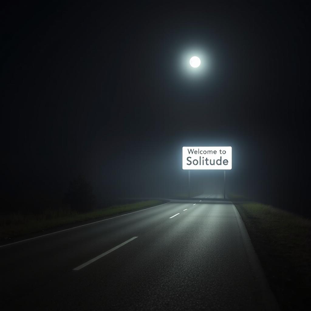 A road at night with no artificial lights, enhanced by a slight fog, illuminated solely by the soft light of the moon