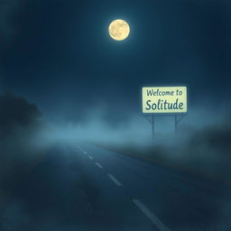 A road at night, shrouded in a slight fog, illuminated only by the gentle glow of the moon