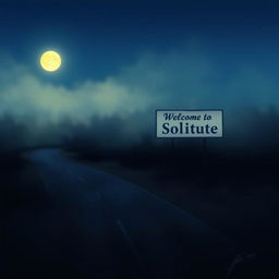 A road at night, shrouded in a slight fog, illuminated only by the gentle glow of the moon