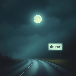 A road at night, shrouded in a slight fog, illuminated only by the gentle glow of the moon