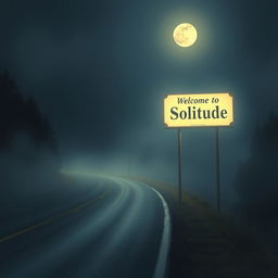 A road at night, shrouded in a slight fog, illuminated only by the gentle glow of the moon