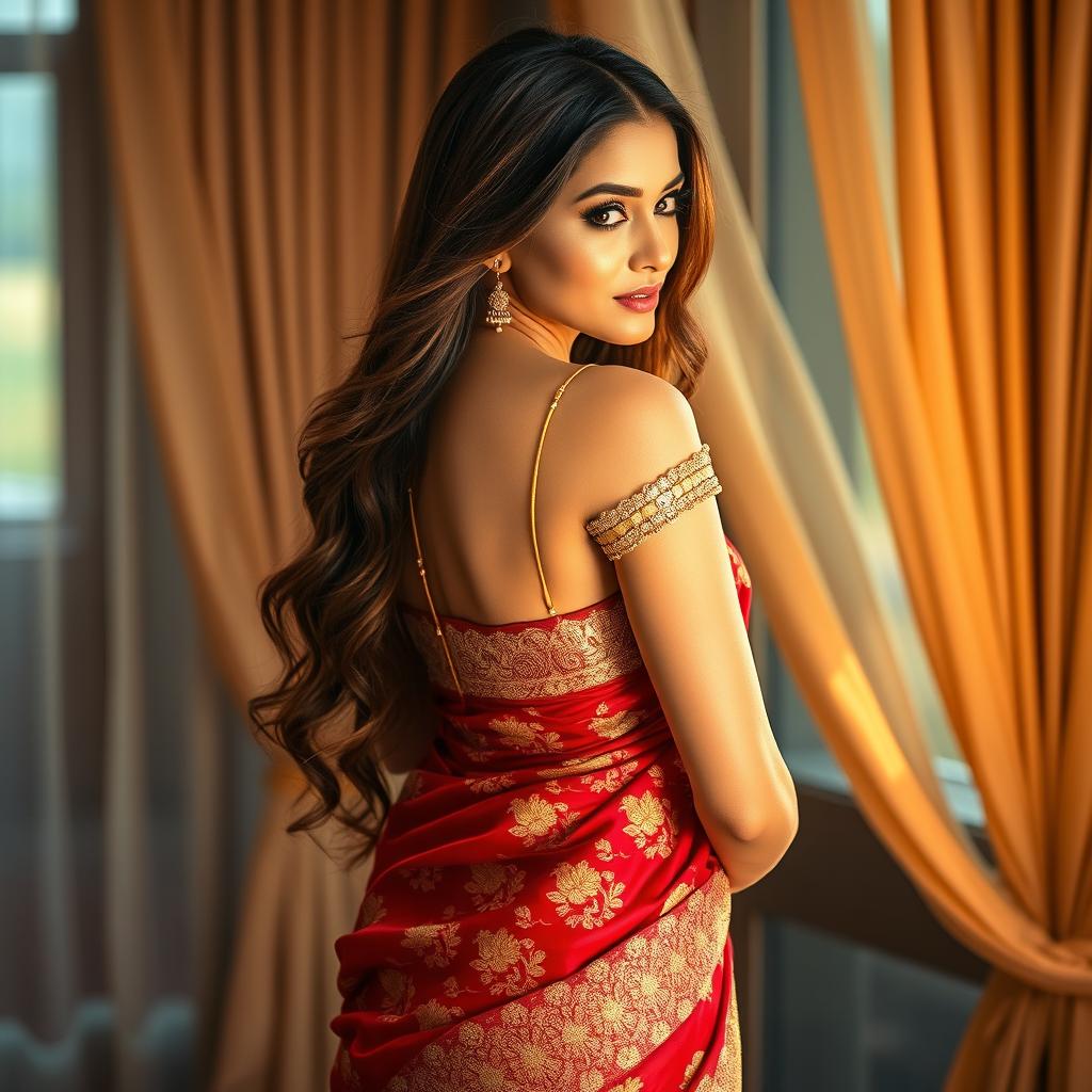 A beautiful woman wearing a traditional Indian saree, artistically styled to reveal the curves of her body