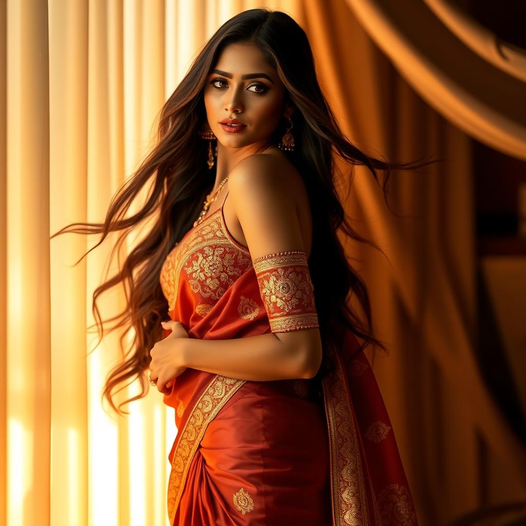 A beautiful woman wearing a traditional Indian saree, artistically styled to reveal the curves of her body