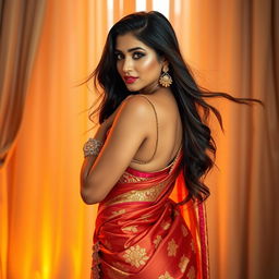 A beautiful woman wearing a traditional Indian saree, artistically styled to reveal the curves of her body