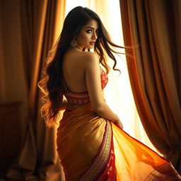 A beautiful woman wearing a traditional Indian saree, artistically styled to reveal the curves of her body