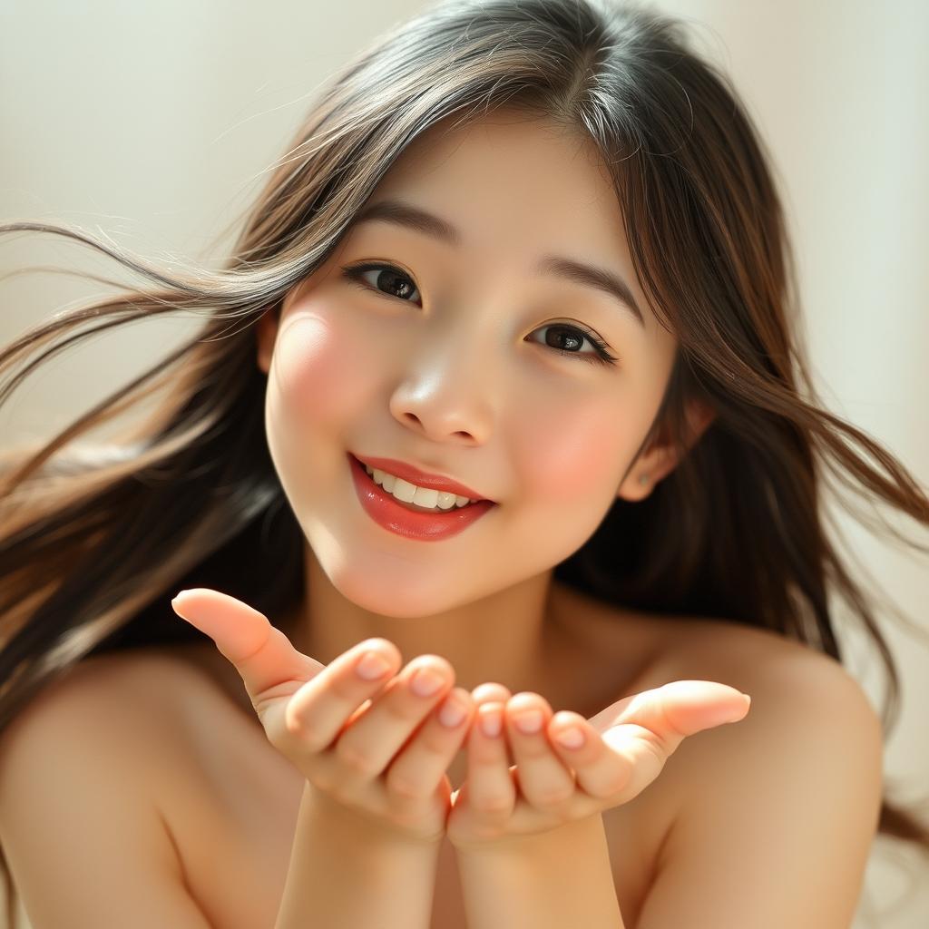 a beautiful naked Korean girl with an adorable smile, giving flying kisses, her expression is very cute and charming