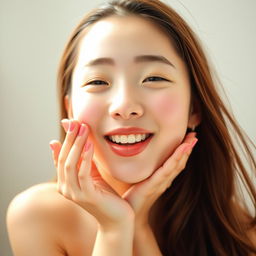 a beautiful naked Korean girl with an adorable smile, giving flying kisses, her expression is very cute and charming