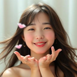 a beautiful naked Korean girl with an adorable smile, giving flying kisses, her expression is very cute and charming