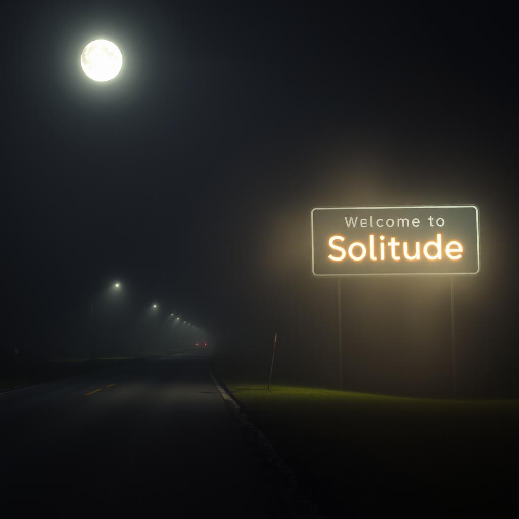 A night road scene with no artificial lights, illuminated by the moon, shrouded in a slight fog