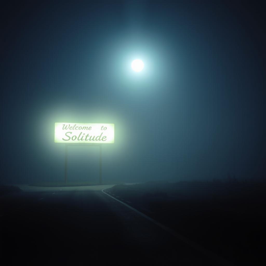 A night road scene with no artificial lights, illuminated by the moon, shrouded in a slight fog