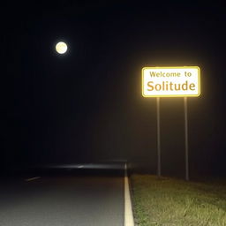 A night road scene with no artificial lights, illuminated by the moon, shrouded in a slight fog