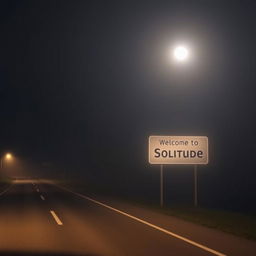 A night road scene with no artificial lights, illuminated by the moon, shrouded in a slight fog