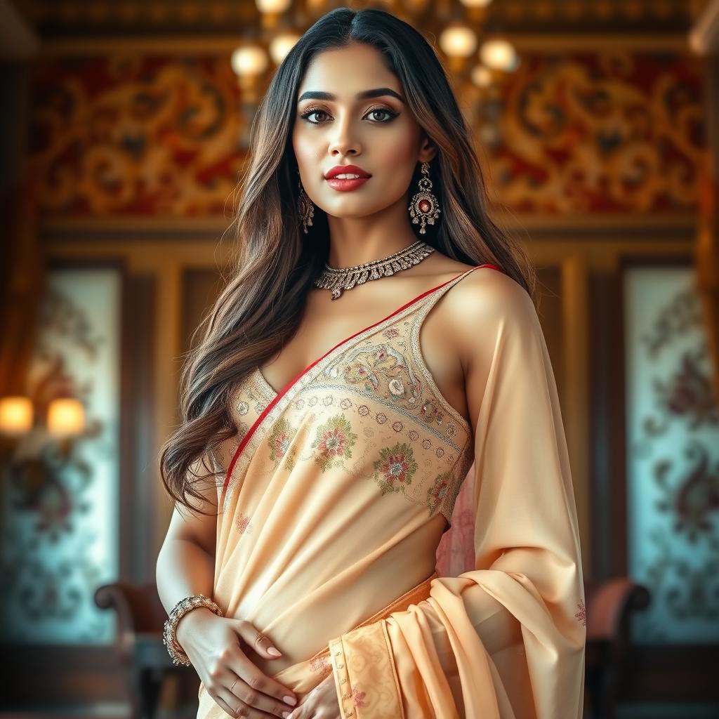 A stunning woman elegantly draped in a saree, with an artistic focus on her traditional attire and modern twist