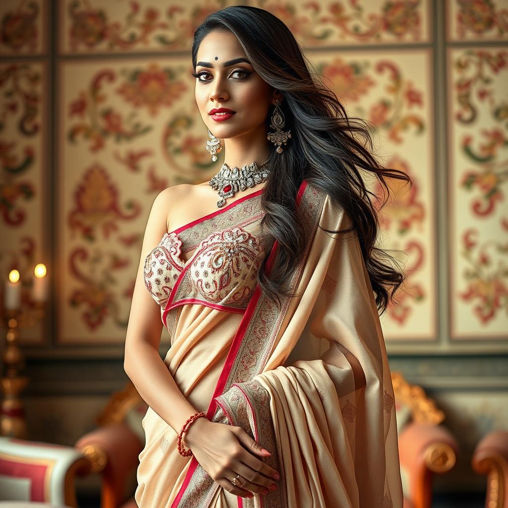 A stunning woman elegantly draped in a saree, with an artistic focus on her traditional attire and modern twist