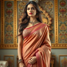 A stunning woman elegantly draped in a saree, with an artistic focus on her traditional attire and modern twist