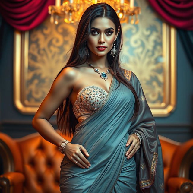 A captivating woman elegantly draped in a saree with a modern and bold style