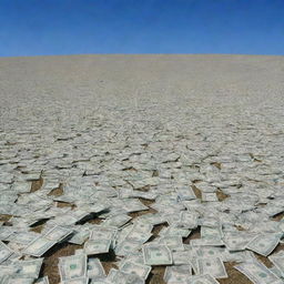 A vast field blanketed with a sea of one dollar bills under a clear blue sky.