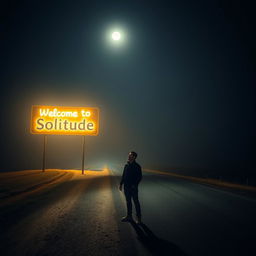 A road at night with no artificial lights, slightly foggy and illuminated by the moon