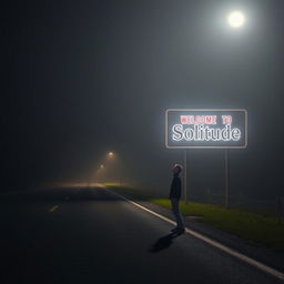 A road at night with no artificial lights, slightly foggy and illuminated by the moon