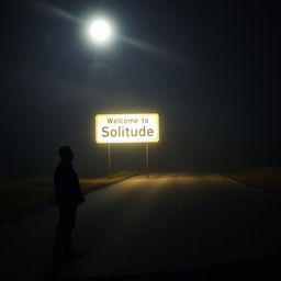 A nighttime road scene with no artificial lights, enveloped in slight fog, illuminated by the moon