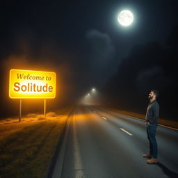 A nighttime road scene with no artificial lights, enveloped in slight fog, illuminated by the moon