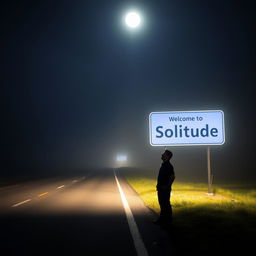 A nighttime road scene with no artificial lights, enveloped in slight fog, illuminated by the moon