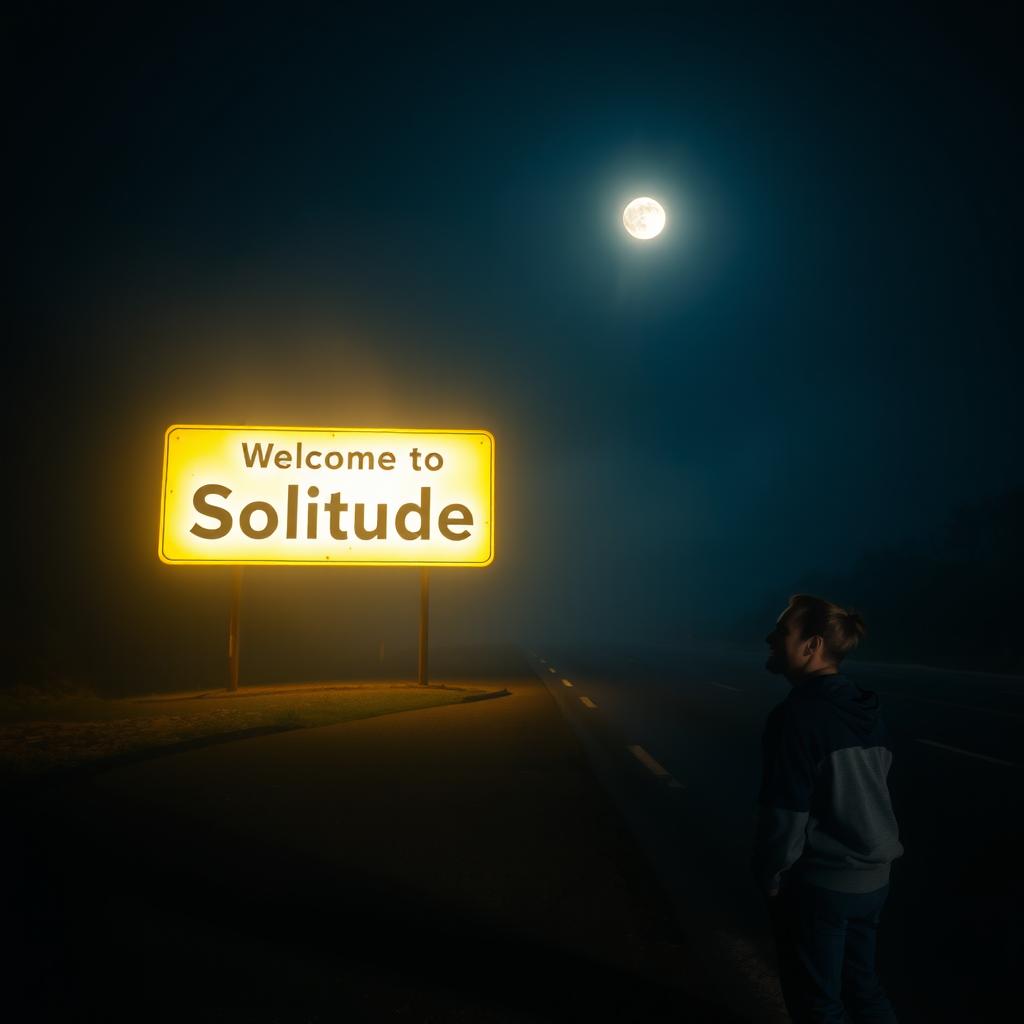 A nighttime road scene with no artificial lights, enveloped in slight fog, illuminated by the moon