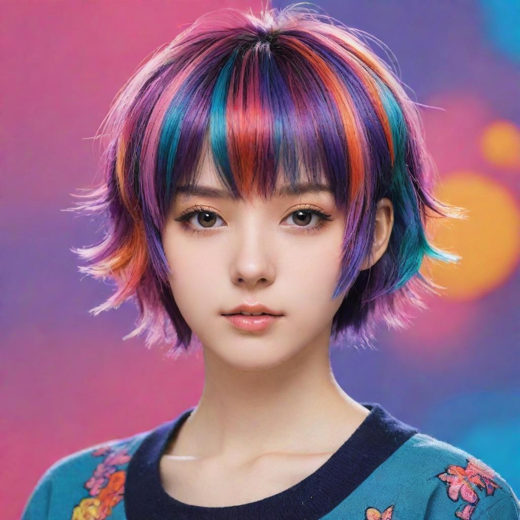 An anime girl with a trendy, short hairstyle, featuring vibrant colors and intricate details.