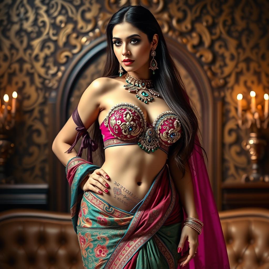 A captivating woman wearing a saree styled to reveal her embellished bra, navel, and thighs