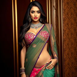 A captivating woman wearing a saree styled to reveal her embellished bra, navel, and thighs