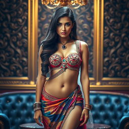 A captivating woman wearing a saree styled to reveal her embellished bra, navel, and thighs