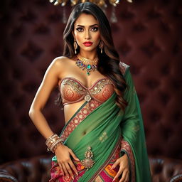 A captivating woman wearing a saree styled to reveal her embellished bra, navel, and thighs