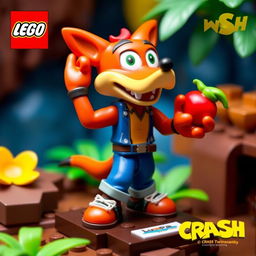 A detailed and colorful LEGO miniature of Crash Bandicoot from Crash Twinsanity, meticulously designed with an accurate color scheme and recognizable features, like his iconic jeans and sneakers