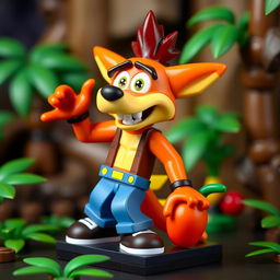 A detailed and colorful LEGO miniature of Crash Bandicoot from Crash Twinsanity, meticulously designed with an accurate color scheme and recognizable features, like his iconic jeans and sneakers