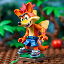 A detailed and colorful LEGO miniature of Crash Bandicoot from Crash Twinsanity, meticulously designed with an accurate color scheme and recognizable features, like his iconic jeans and sneakers