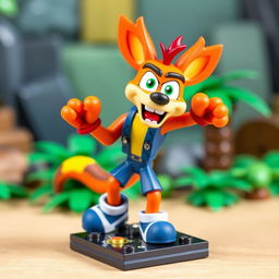 A detailed and colorful LEGO miniature of Crash Bandicoot from Crash Twinsanity, meticulously designed with an accurate color scheme and recognizable features, like his iconic jeans and sneakers