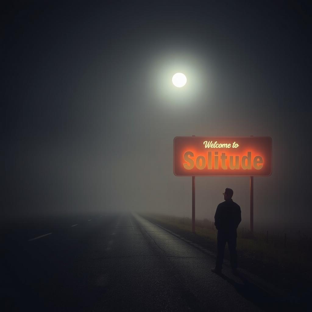 A long road at night with no artificial lights, covered in a slight fog and illuminated by the moon