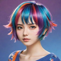 An anime girl with a trendy, short hairstyle, featuring vibrant colors and intricate details.