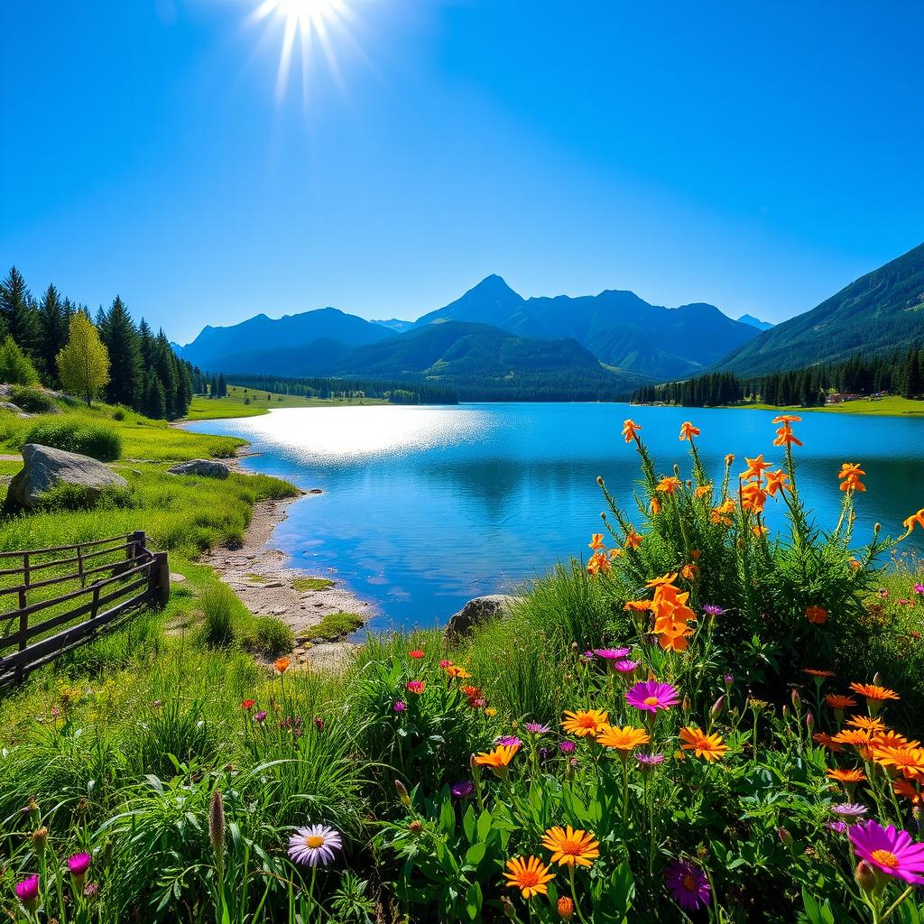 A serene landscape with a tranquil lake surrounded by lush greenery and colorful wildflowers