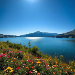 A serene landscape with a tranquil lake surrounded by lush greenery and colorful wildflowers